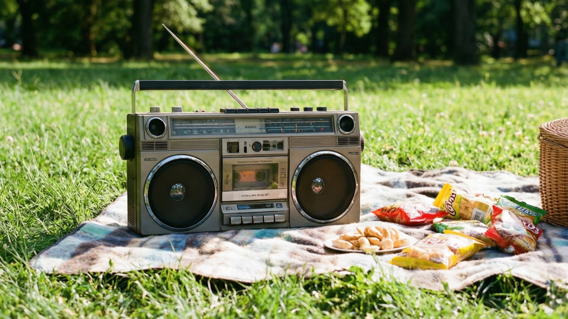Retro Boombox Picnic 壁紙 — 一台復古銀色手提音箱帶天線，放在有圖案的毯子上，位於陽光明媚的草地公園，旁邊有零食和柳條籃。