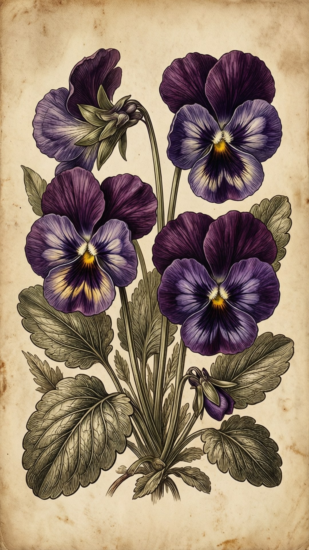 Vintage Violet Botanical 壁紙 — 復古植物插圖，深紫色三色堇，黃色花心，老舊羊皮紙背景。