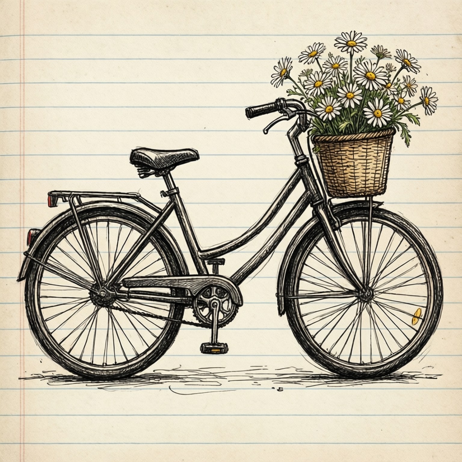 Bicycle Basket Doodle 壁紙 — 一輛復古自行車，藤籃裡滿載雛菊，以細緻墨水畫在橫線筆記本紙上。