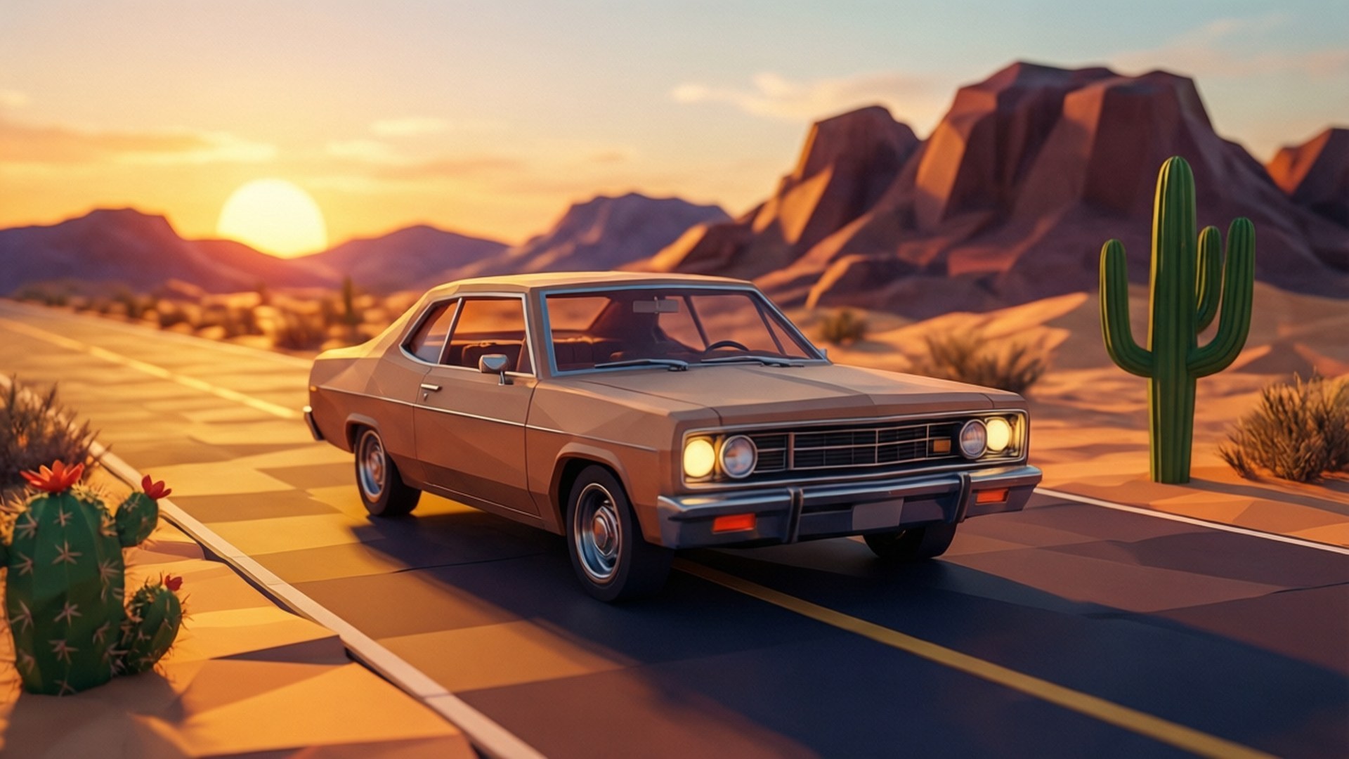 Desert Ride 壁紙 — 一輛復古棕色轎車在日落時分行駛在沙漠公路上，有山脈、仙人掌和發光的車頭燈。