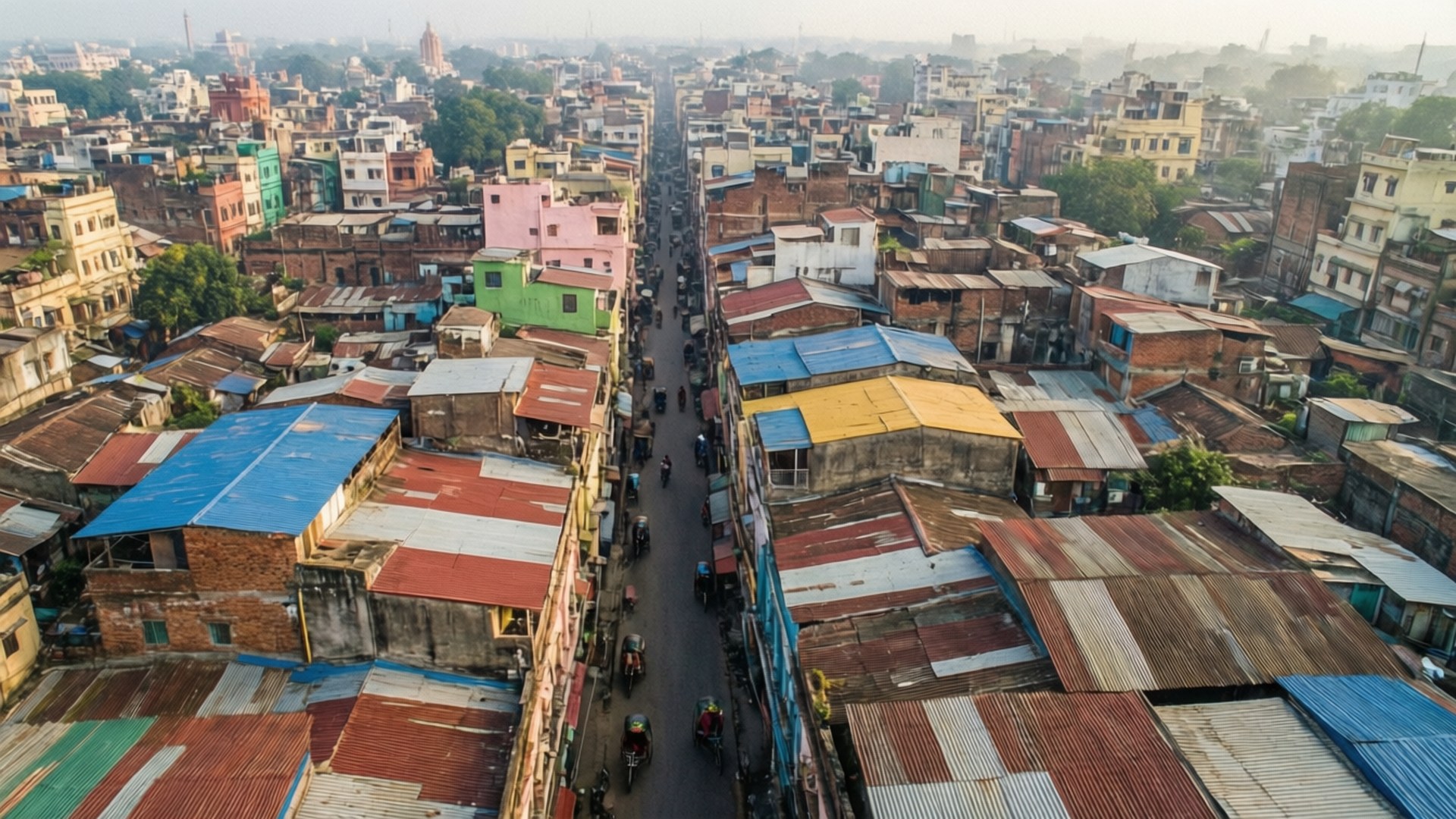 Old Dhaka from Above 壁紙 — 俯瞰一條狹窄繁忙的街道，兩旁是密集的彩色建築，屋頂為波紋金屬。