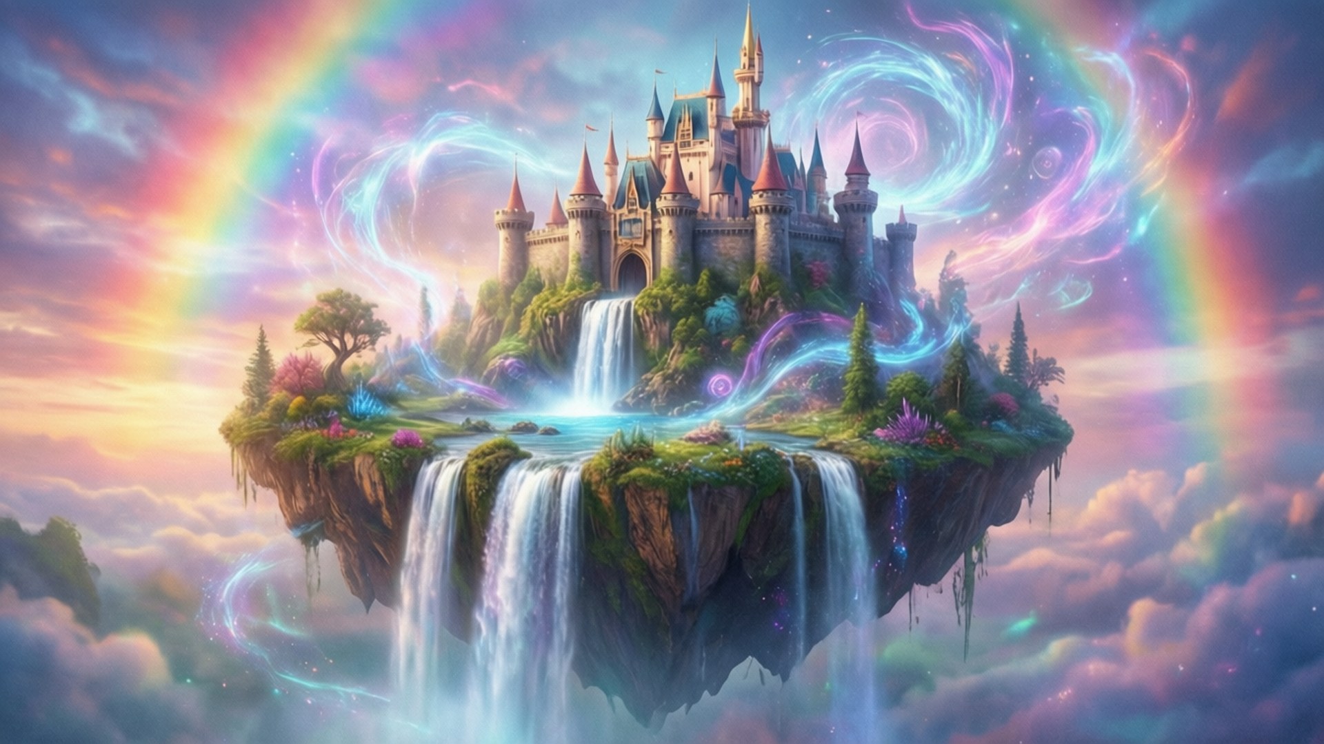 Floating Magic Castle 壁紙 — 一座雄偉的城堡棲息在浮空島上，有瀑布傾瀉而下，鮮豔的彩虹在夢幻的天空中拱起。