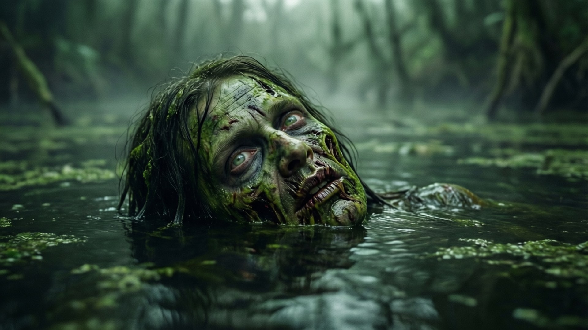 Swamp Stalker 壁紙 — 一個腐爛的殭屍頭顱從泥濘的沼澤水中浮現，周圍環繞著霧氣瀰漫的紅樹林。