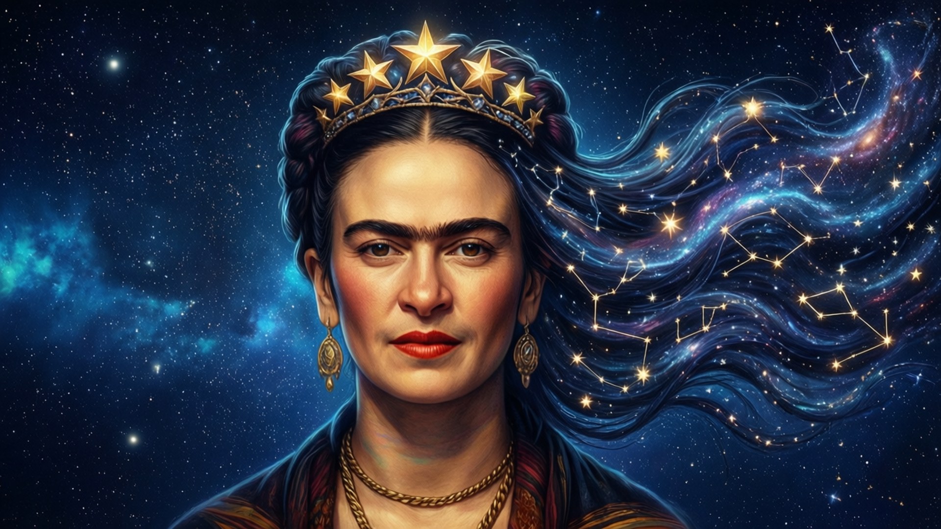 Starry Night Frida 壁紙 — 芙烈達·卡蘿戴著星星皇冠向前凝視，她的頭髮流入充滿星座的宇宙星雲。