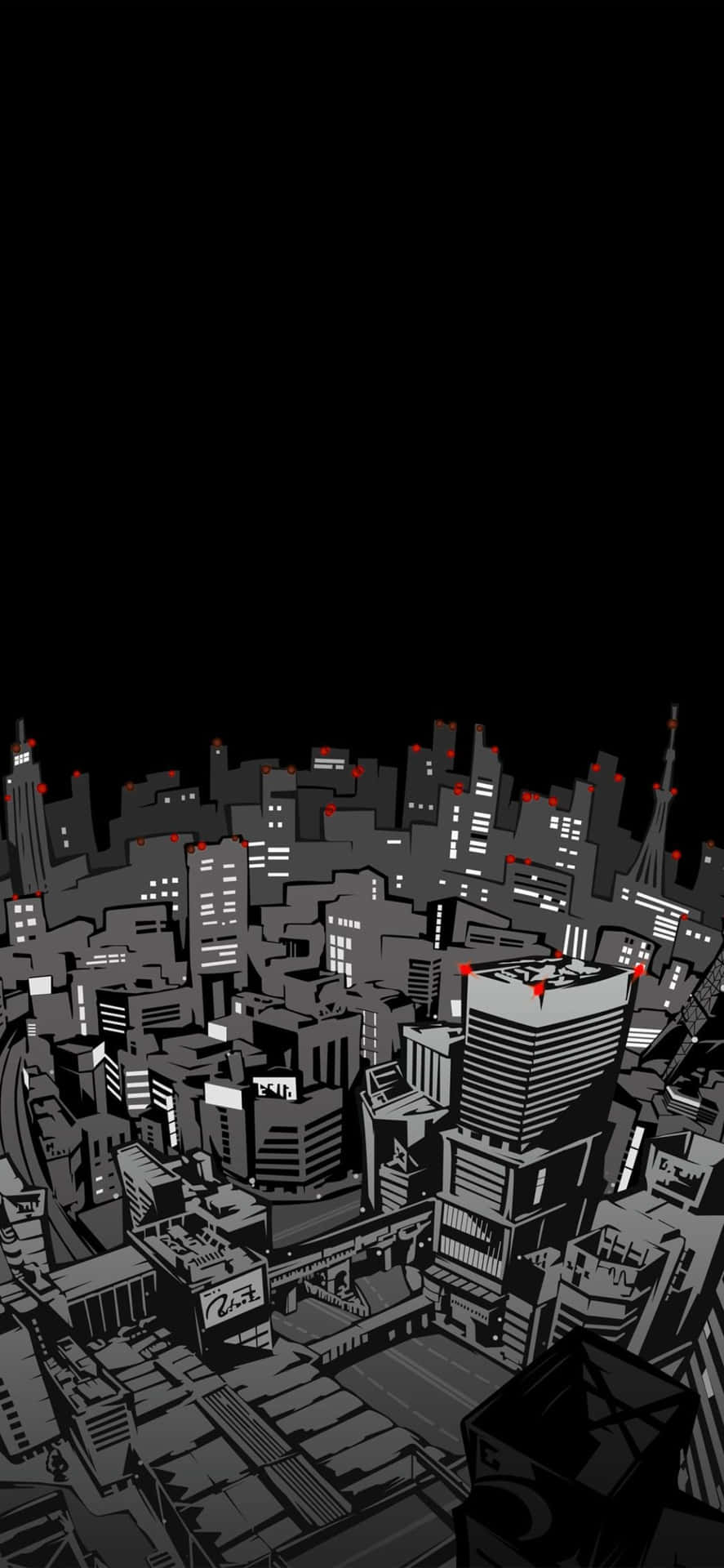 一幅風格化的黑白城市夜景插圖，帶有發光的窗戶和紅色點綴。 — iPhone 13 壁紙