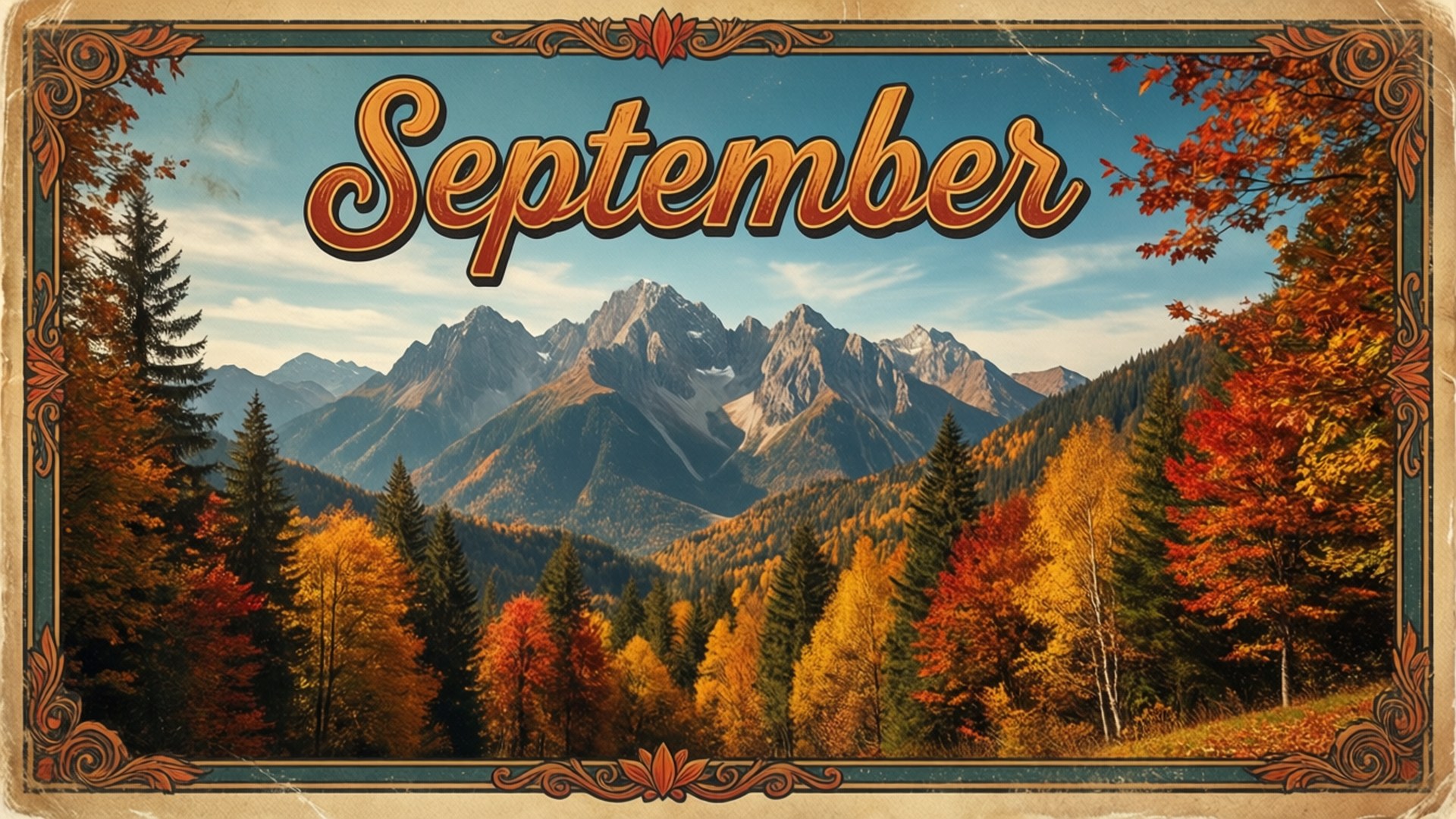 September Desktop 桌布 壁紙 — 復古裱框海報，展示秋日山脈在清澈藍天下如火般的樹葉。