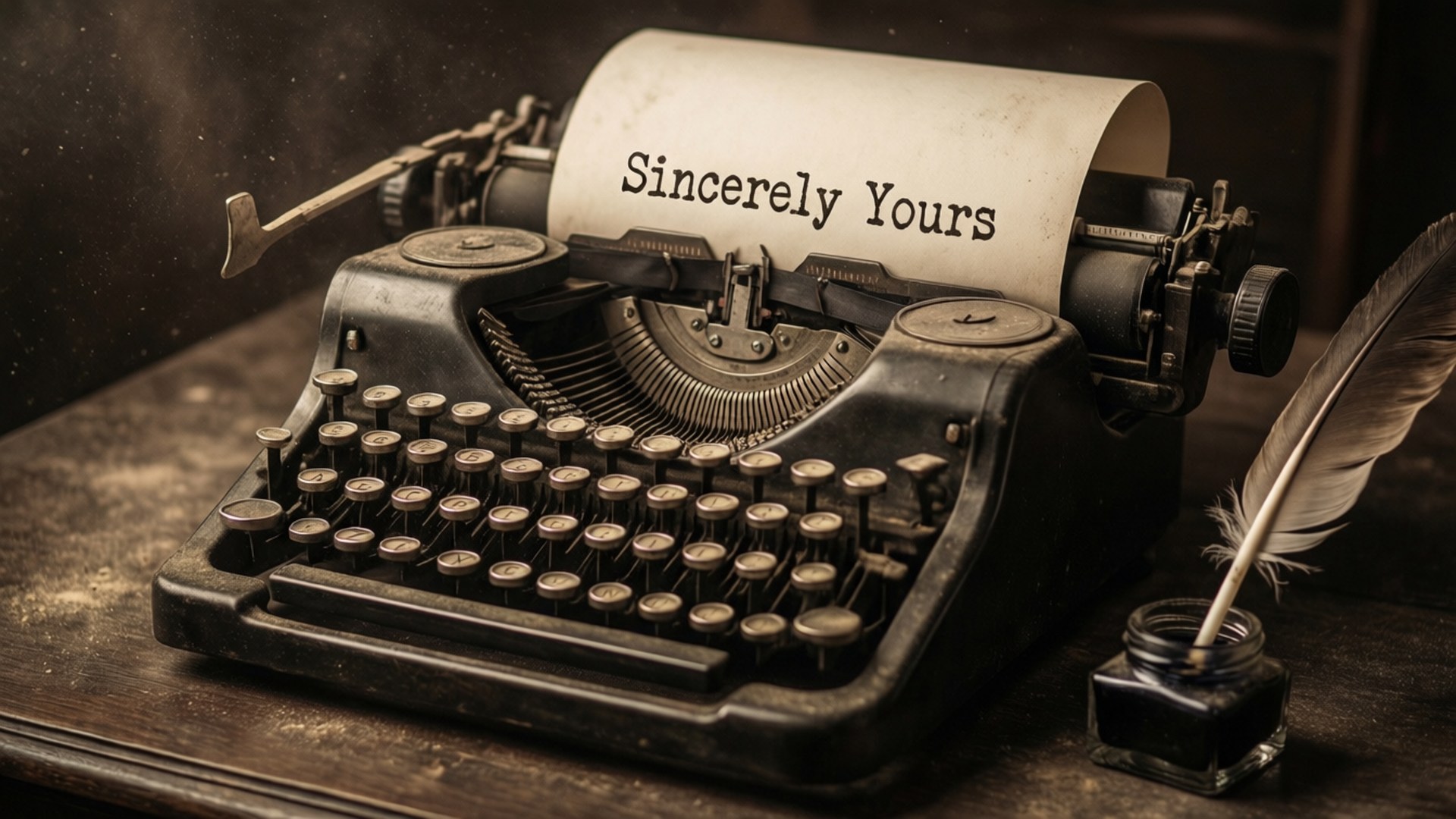 Sincerely Yours 桌布 壁紙 — 復古打字機，紙上寫著 'Sincerely Yours'，旁邊有羽毛筆和墨水瓶，放在木桌上。