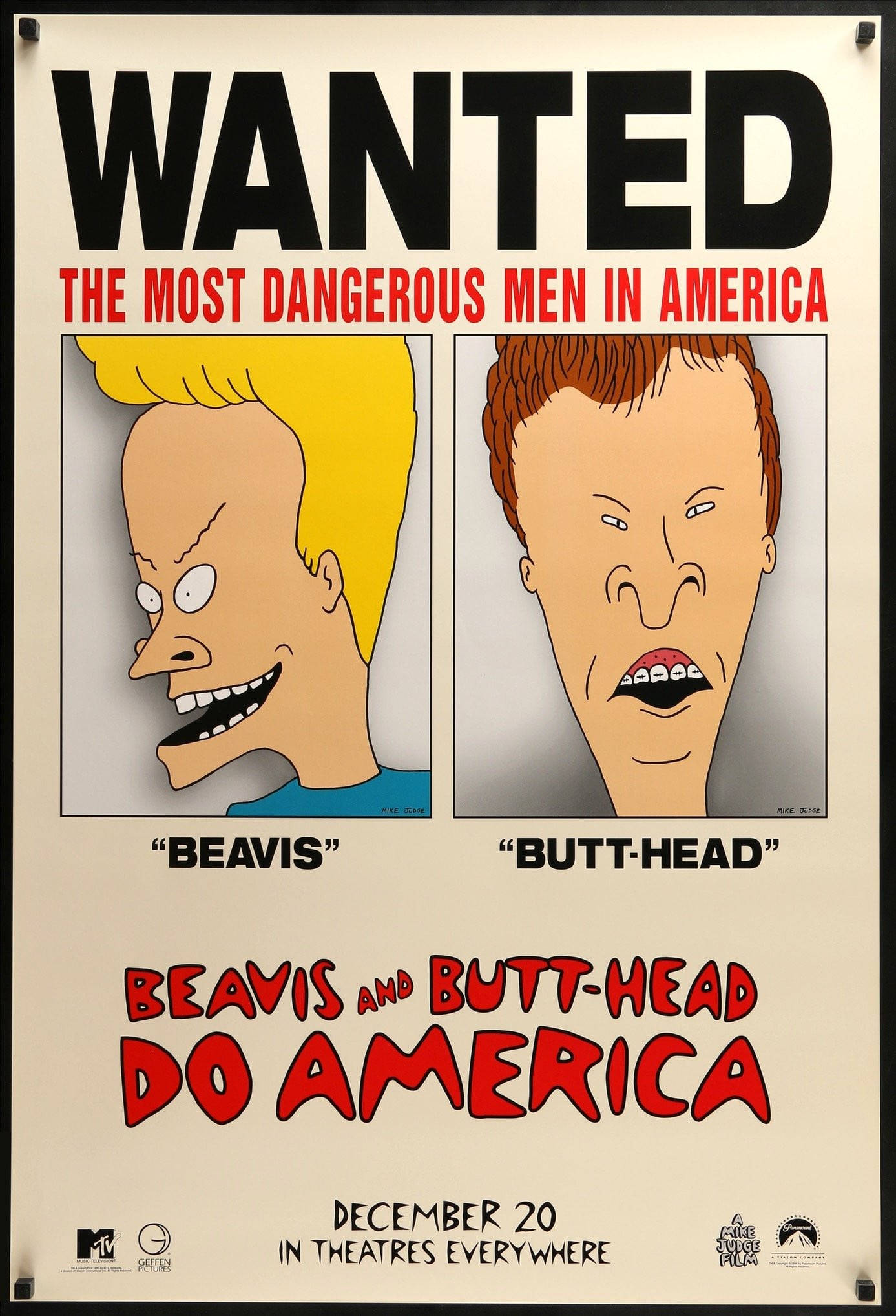 Beavis 桌布 壁紙 — Beavis and Butt-Head Do America 的復古電影海報，在粗體的通緝橫幅下展示了兩個主角的卡通肖像。