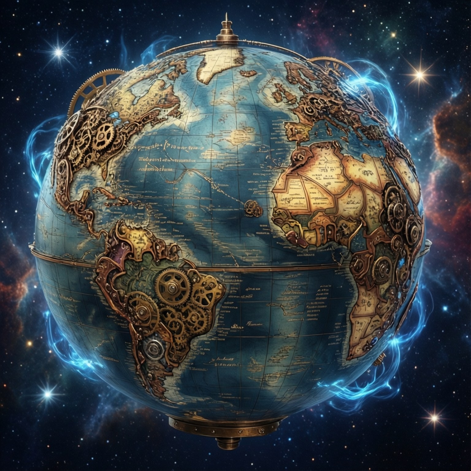 Gear Globe 壁紙 — 一個復古地球儀，大陸上嵌有黃銅齒輪，漂浮在星光星雲中，帶有發光的藍色能量流。