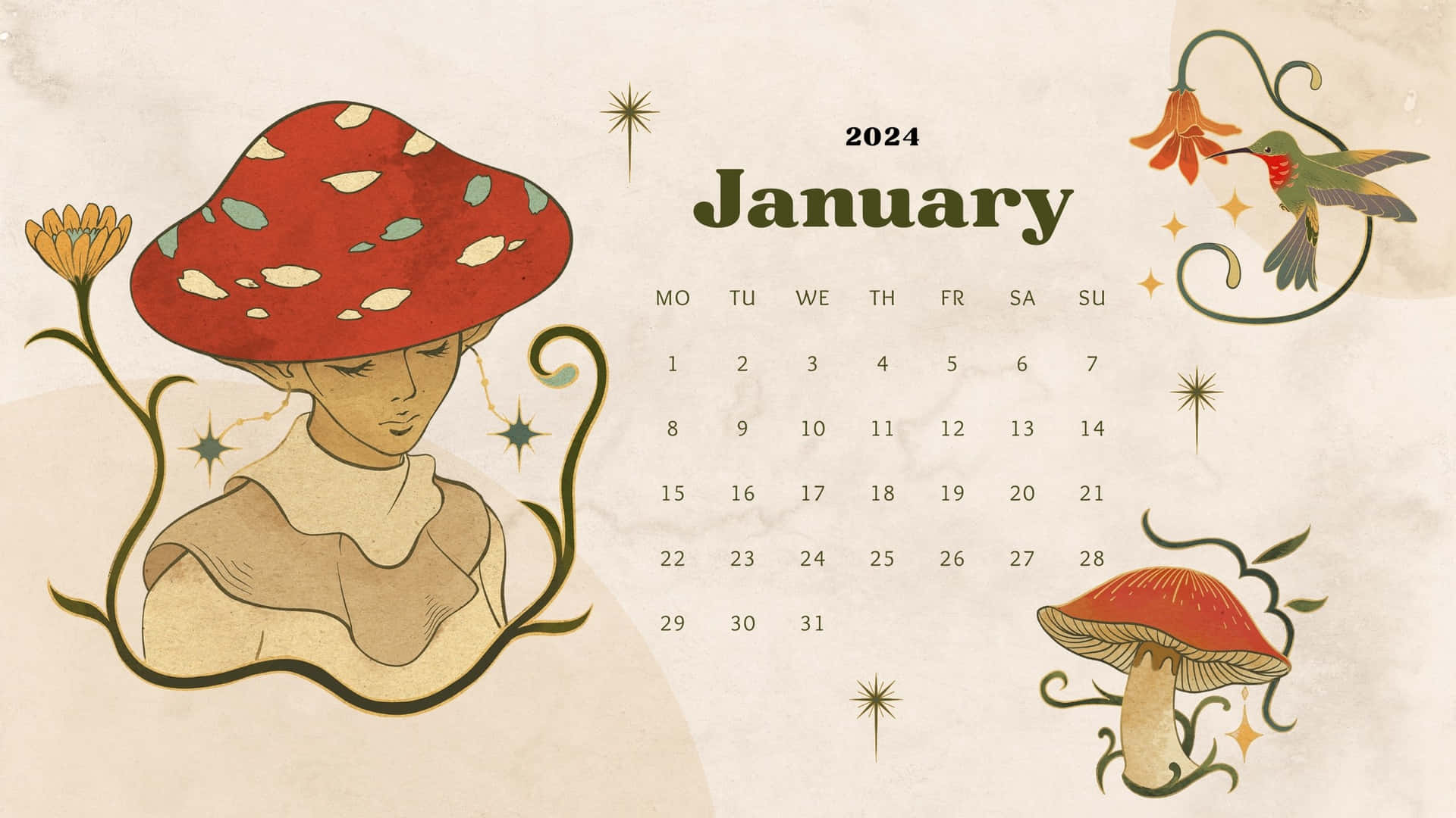  壁紙 — 一款復古風格插畫的2024年1月月曆，描繪一位戴著紅色圓點蘑菇帽的人物，周圍環繞著奇特的動植物。