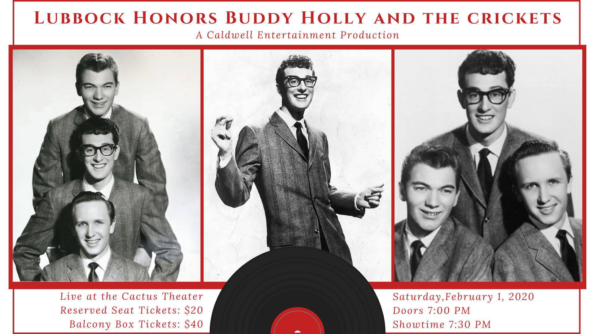 poster 桌布 壁紙 — Buddy Holly and the Crickets 演唱會的復古黑白海報，附有樂團穿著西裝和戴眼鏡的照片。