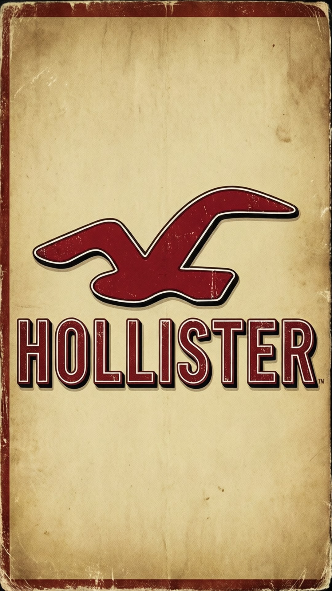 Vintage Logo Poster 壁紙 — 一個復古風格的標誌，上面有紅色的Hollister標誌，一隻飛鳥在粗體文字上方，背景是風化的米色。