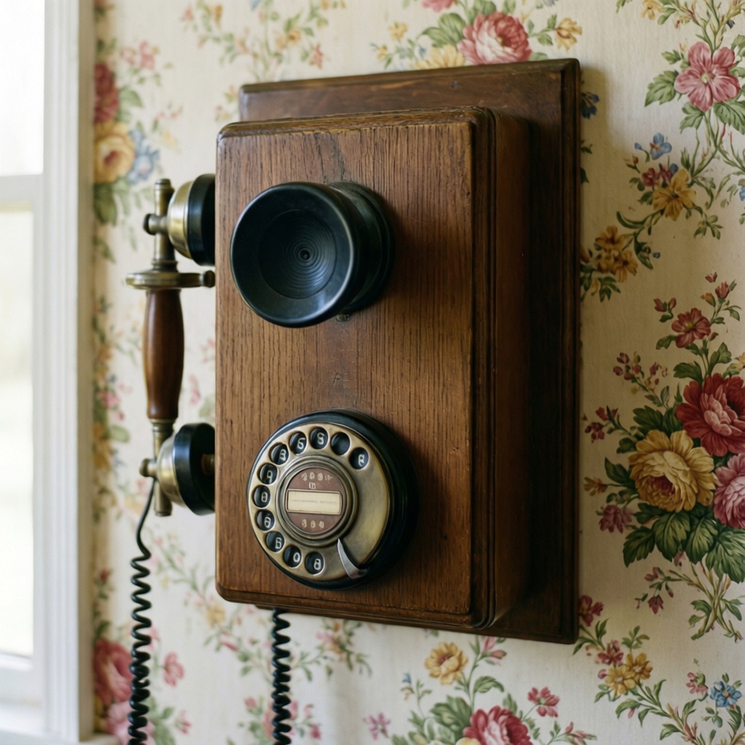 Rustic Wall Phone 壁紙 — 一部帶有黃銅裝飾的復古木製壁掛式旋轉電話，放在窗邊的花卉壁紙前。