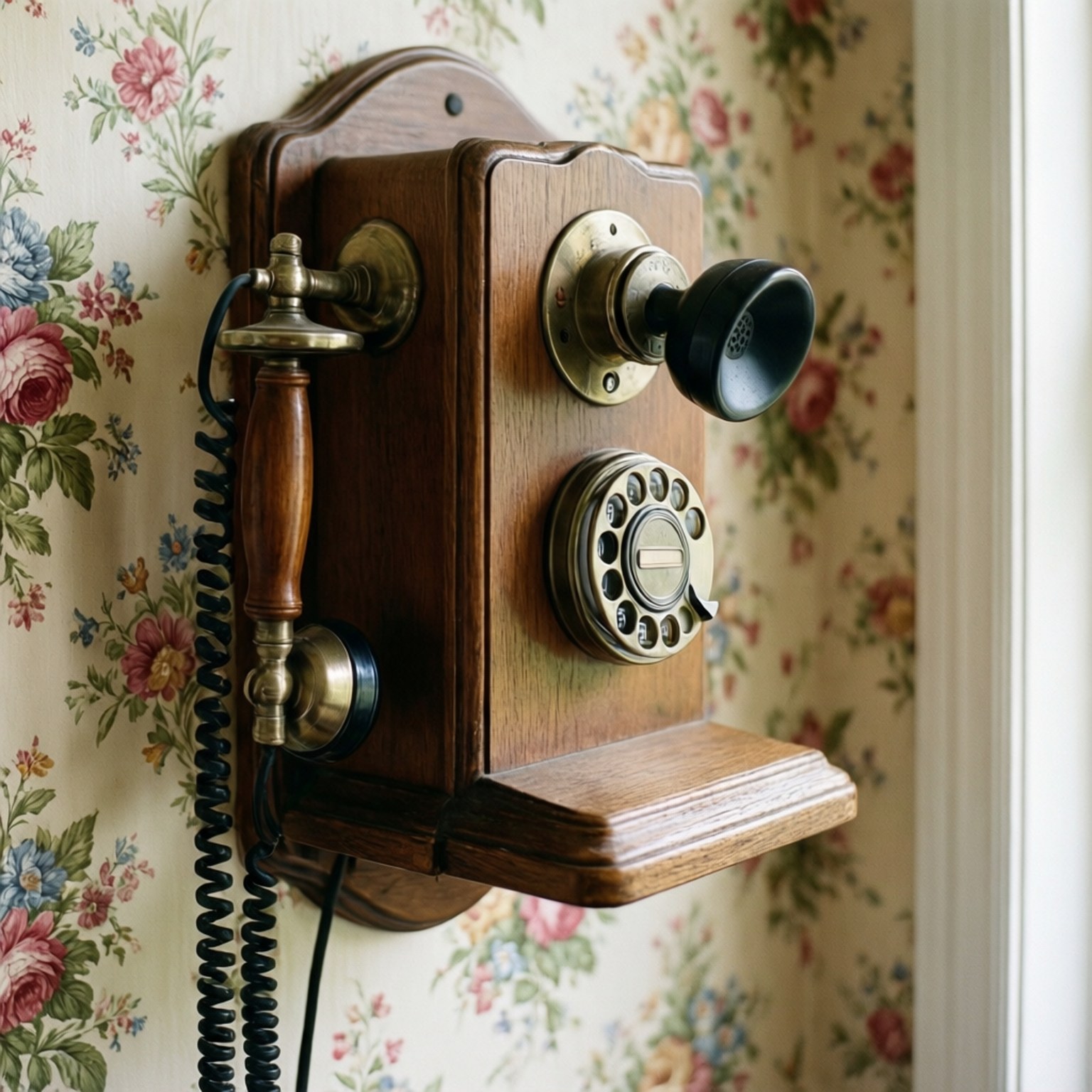 Rustic Wall Phone 壁紙 — 一個帶有黃銅裝飾的復古木製壁掛式旋轉電話掛在花卉壁紙上。