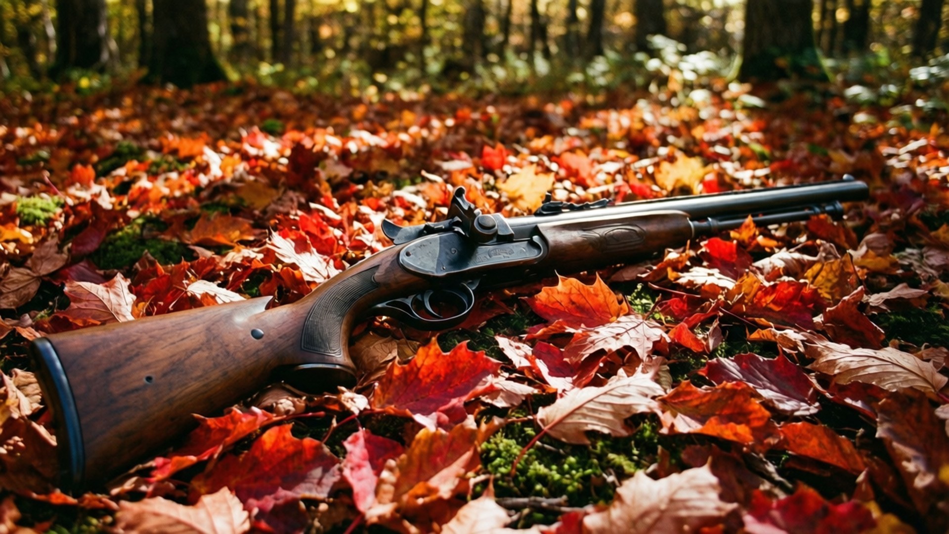 Autumn Shotgun Rest 壁紙 — 一支復古木製槍托步槍躺在陽光明媚的森林中，周圍是鮮豔的紅色和橙色秋葉。