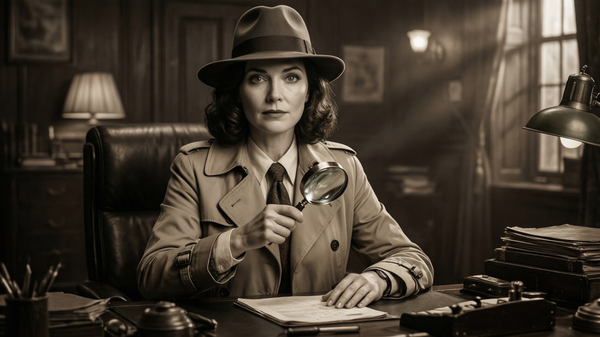 Film Noir Detective 壁紙 — 一位身穿風衣和軟呢帽的復古偵探，在燈光昏暗的辦公室裡用放大鏡檢查文件。