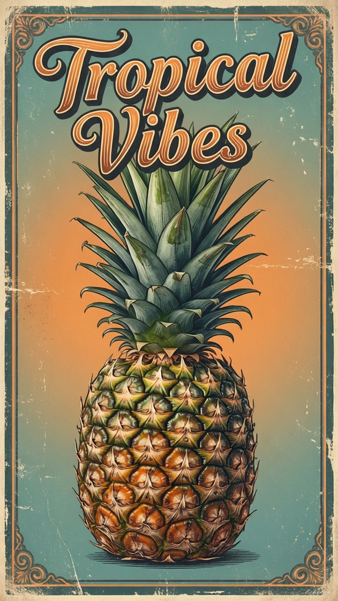Tropical Vibes Poster 壁紙 — 一張復古海報以漸變天空為背景，中央有一個細節豐富的鳳梨，帶有華麗邊框和文字 Tropical Vibes。