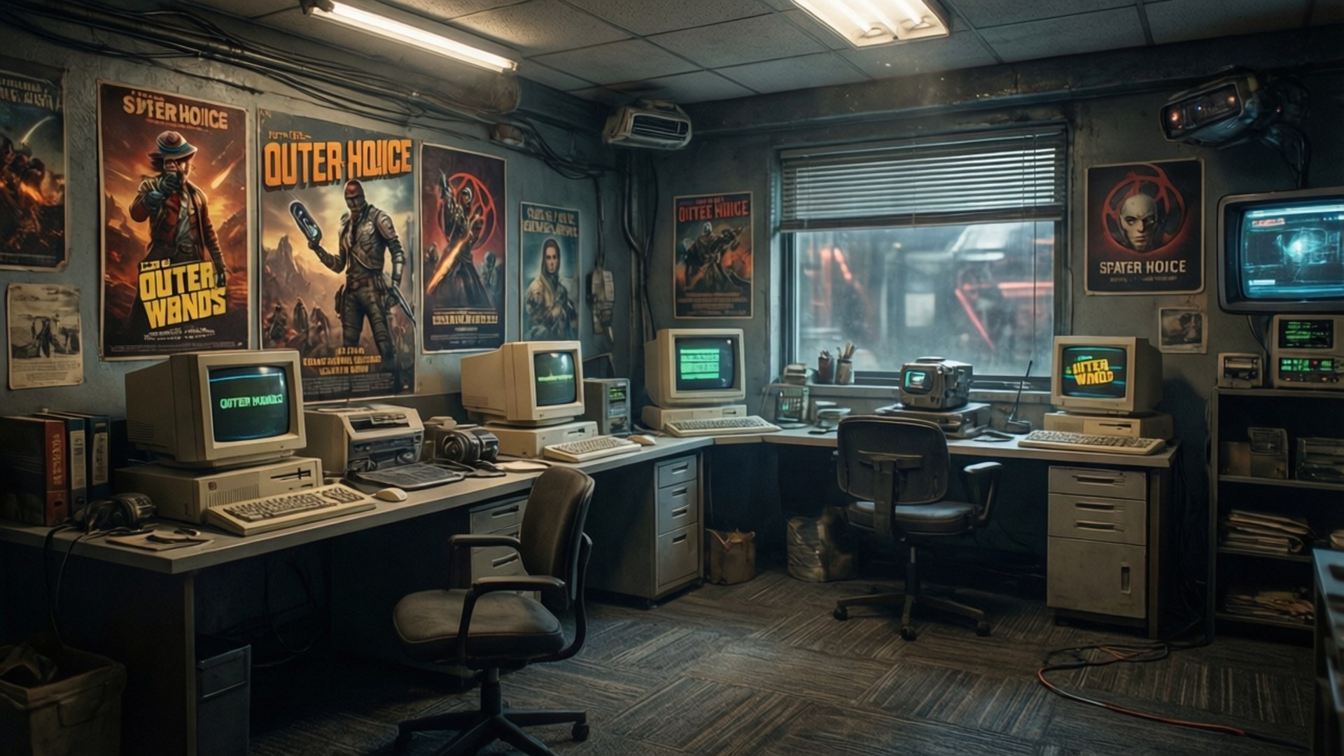 Spacer's Choice Office 壁紙 — 燈光昏暗的復古遊戲辦公室，充滿米色電腦和《Outer Worlds》及《Spider Voice》遊戲海報。