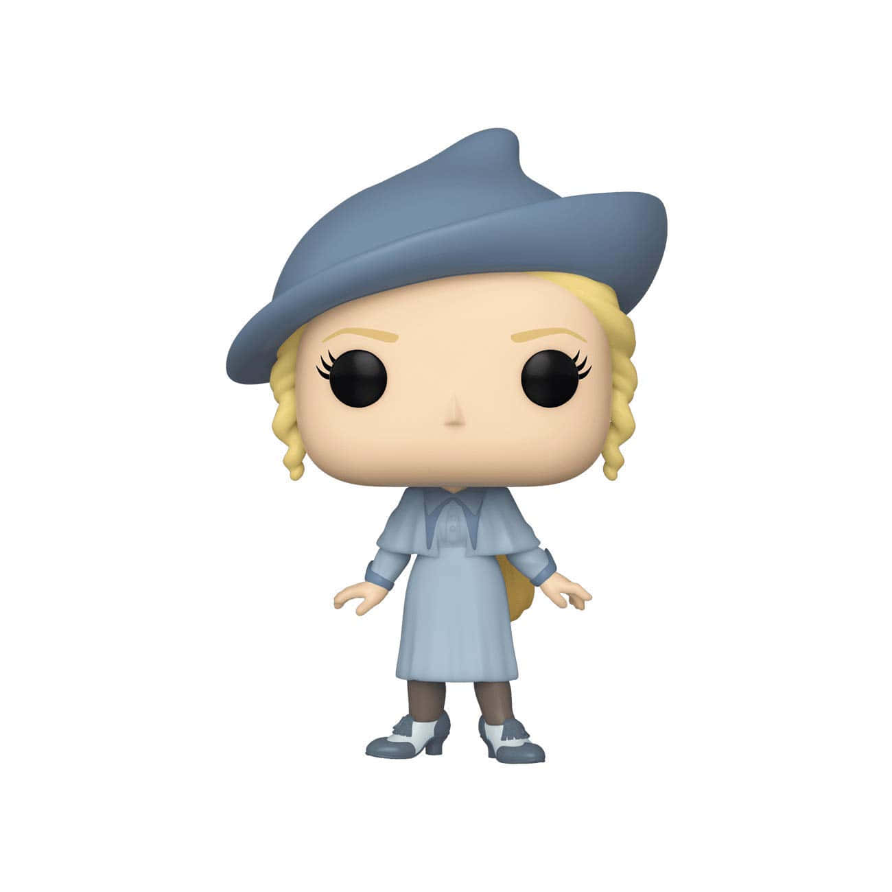  壁紙 — 一個金髮女子戴藍色帽子和穿藍色外套的Funko Pop公仔，站在純白色背景前。