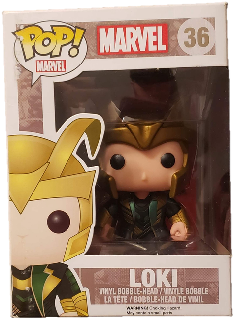 洛基 桌布 壁紙 — Funko Pop! Marvel Loki 乙烯基人偶，以其標誌性的金色頭盔和綠色盔甲展示在原裝包裝中。