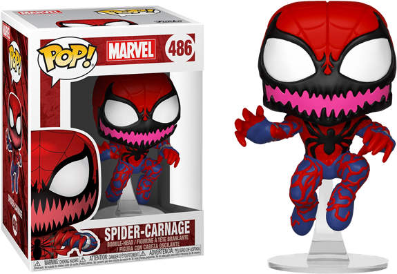 屠殺 桌布 壁紙 — Funko Pop! Marvel 蜘蛛屠殺者人偶站在其盒子旁邊，盒子採用紅、藍、粉紅色設計，帶有尖牙和蜘蛛網圖案。