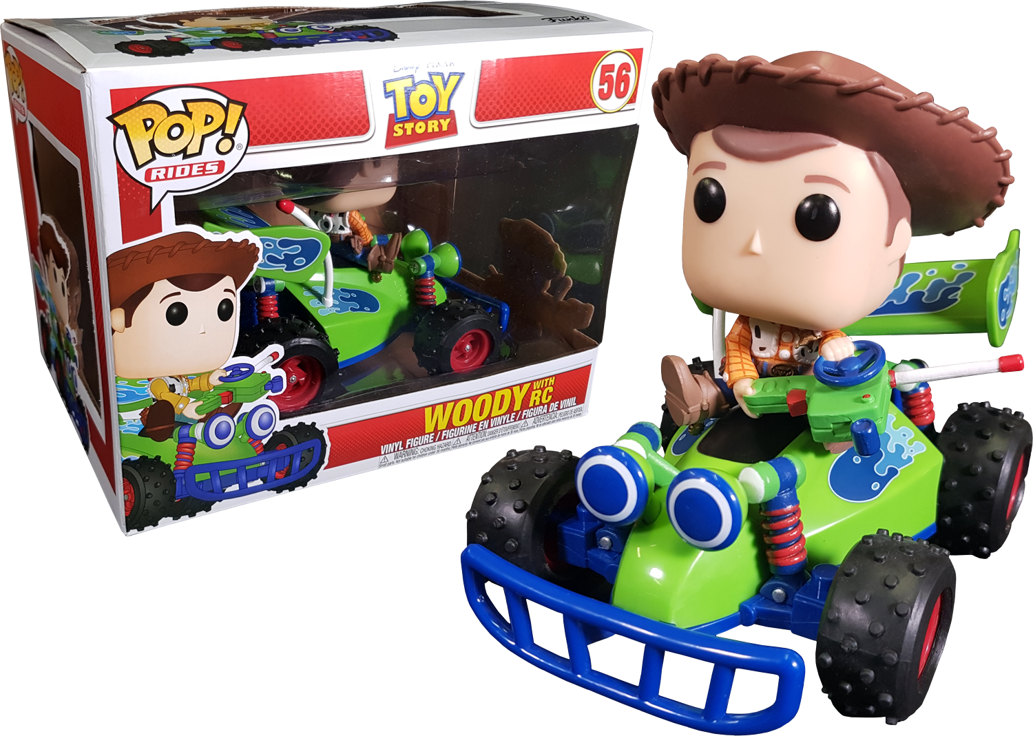 胡迪 桌布 壁紙 — Funko Pop! Rides Woody RC 玩具車連人偶放在其彩色包裝盒旁邊，背景為黑色。