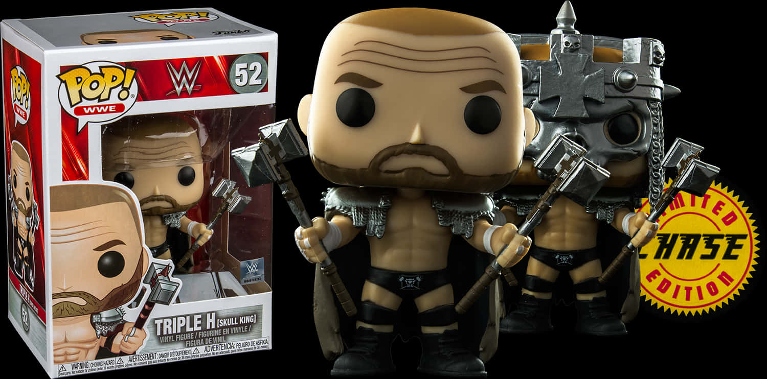 國王 桌布 壁紙 — Funko Pop WWE Triple H Skull King 帶有斧頭和盔甲的乙烯基人偶站在其限量追尋版盒子旁邊。
