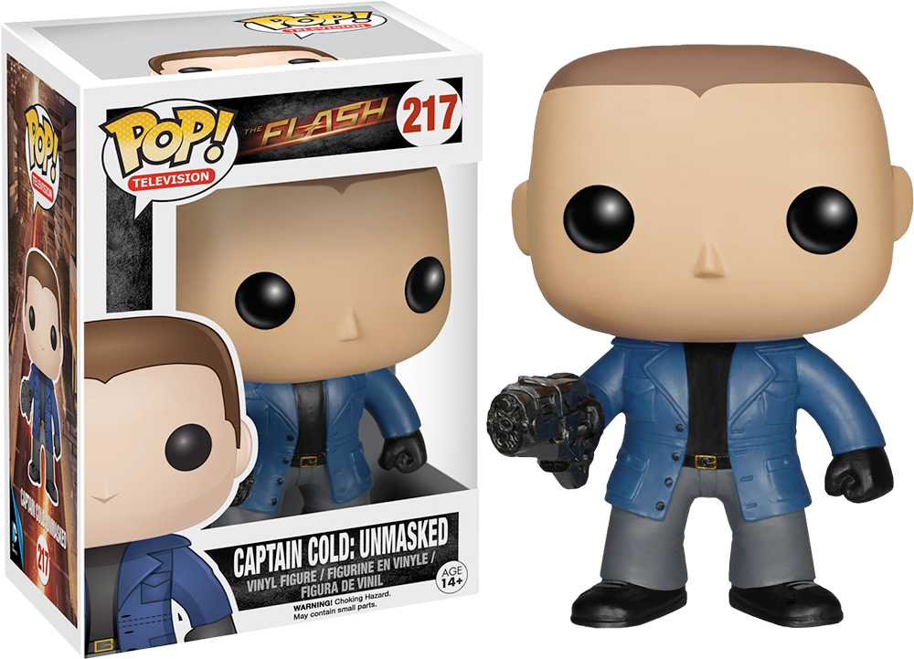 寒冷 桌布 壁紙 — Funko Pop! 的 Captain Cold 沒有戴面具，穿著藍色外套，拿著冰凍槍，在他的收藏盒旁邊。