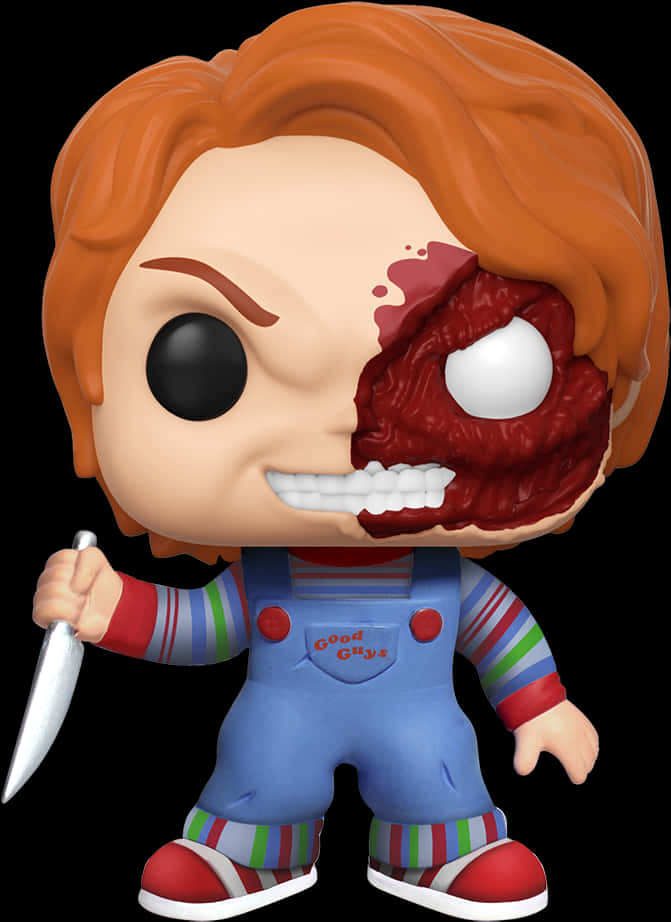 鬼娃恰吉 桌布 壁紙 — Funko Pop! 鬼娃恰吉的乙烯基公仔，半邊臉被怪異地撕開，露出血肉和一隻白眼，背景為黑色。