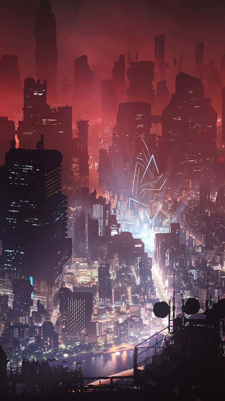  壁紙 — 未來主義的夜景城市景觀，高聳的摩天大樓在深紅色的天空下閃耀，一道明亮的能量光束貫穿城市天際線。