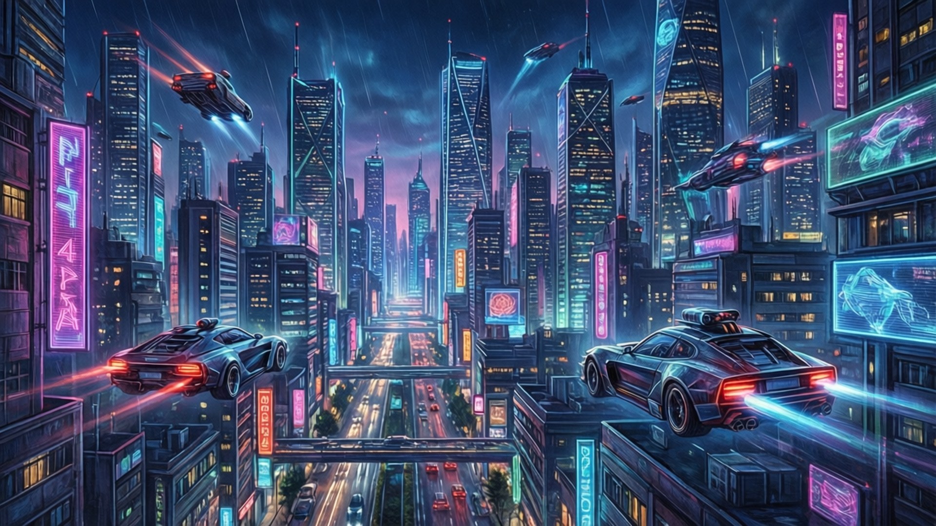 Cyberpunk City Digital 壁紙 — 未來感十足的霓虹燈城市夜景，飛天汽車在星空下穿梭於高聳的摩天大樓之間。