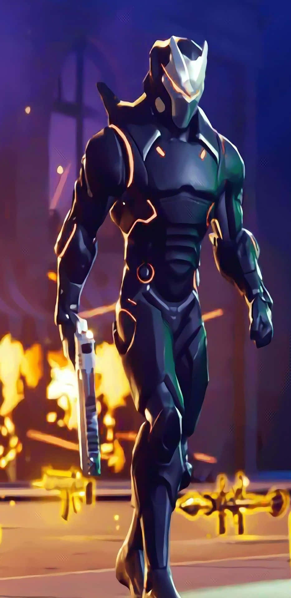 未來風格的裝甲戰士在火熱的城市夜景中手持手槍。 — Fortnite 壁紙