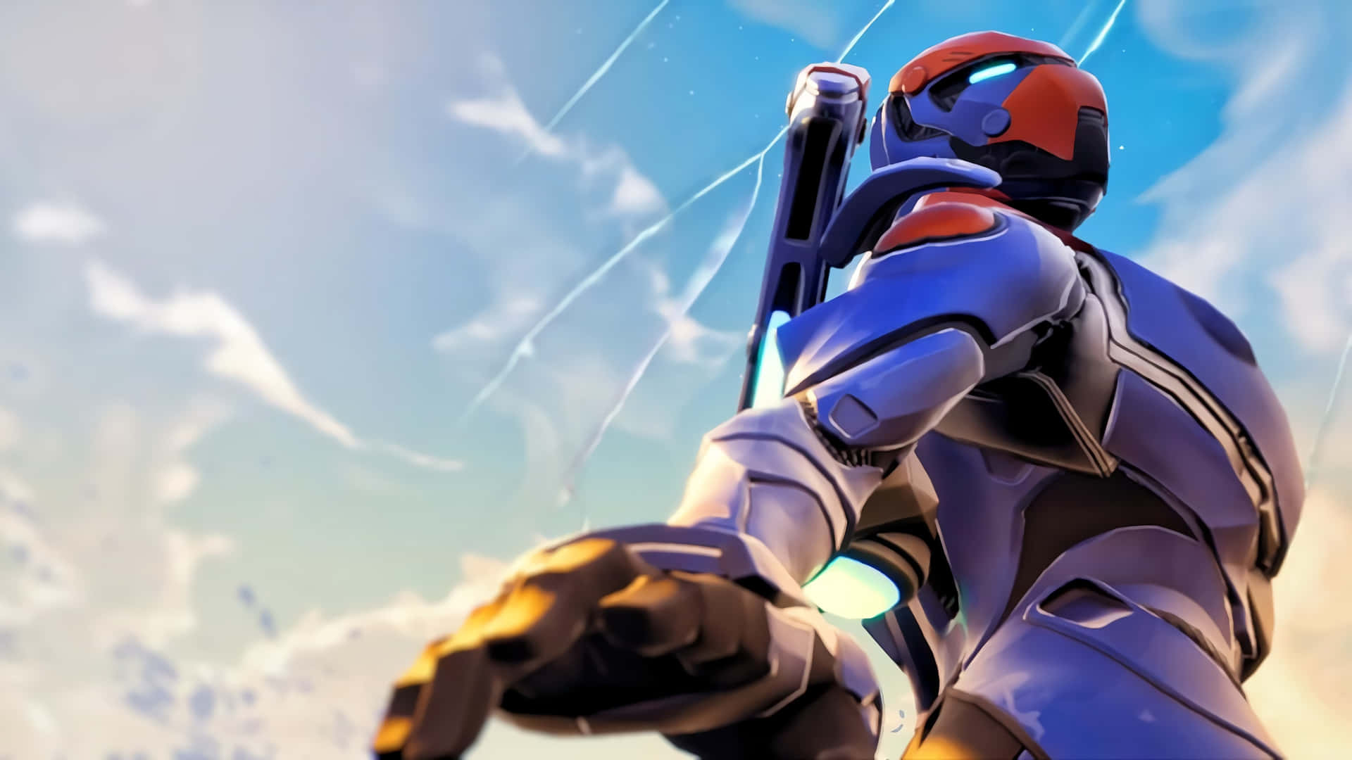 帶有發光裝飾的未來裝甲戰士，站在有光條紋的明亮天空前。 — Fortnite 壁紙