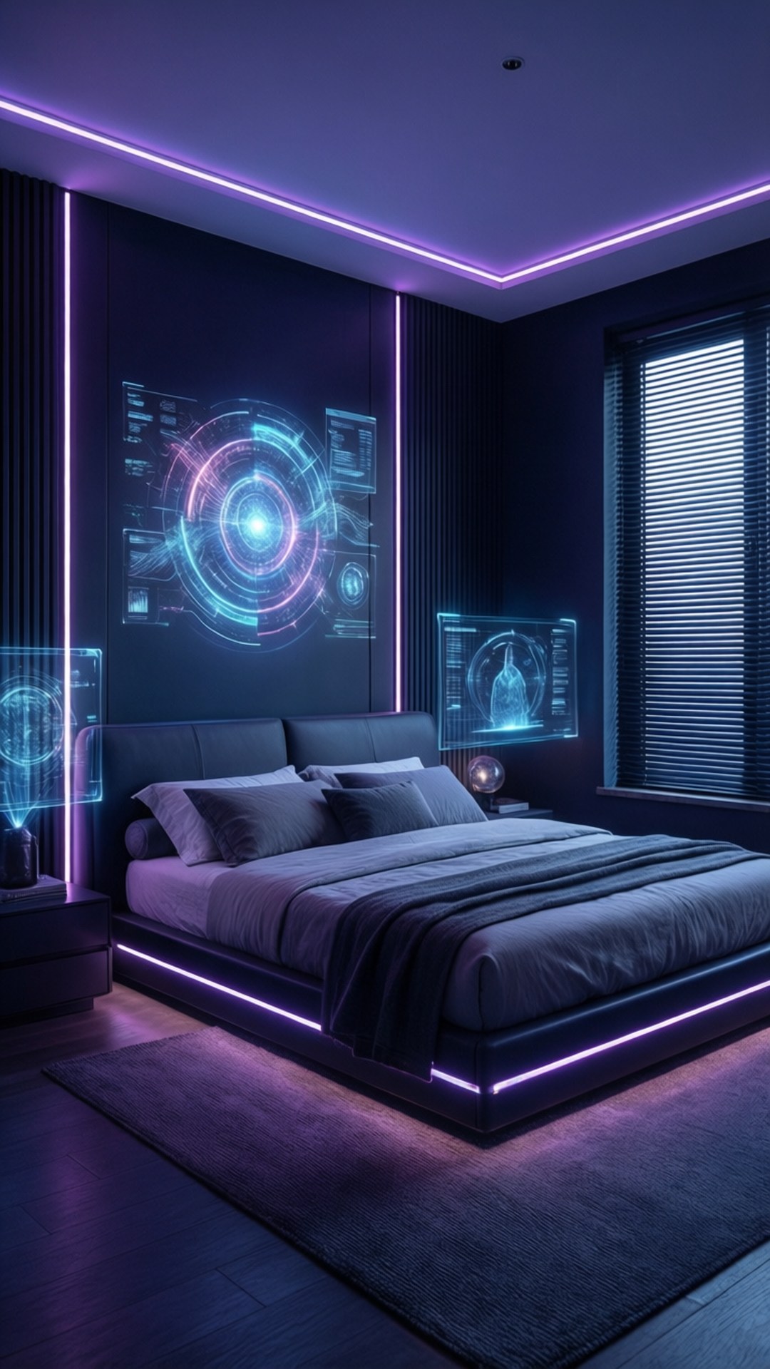 Neon Bedroom 壁紙 — 未來主義臥室，帶有發光的紫色霓虹燈和漂浮在深色牆壁上的全息界面。