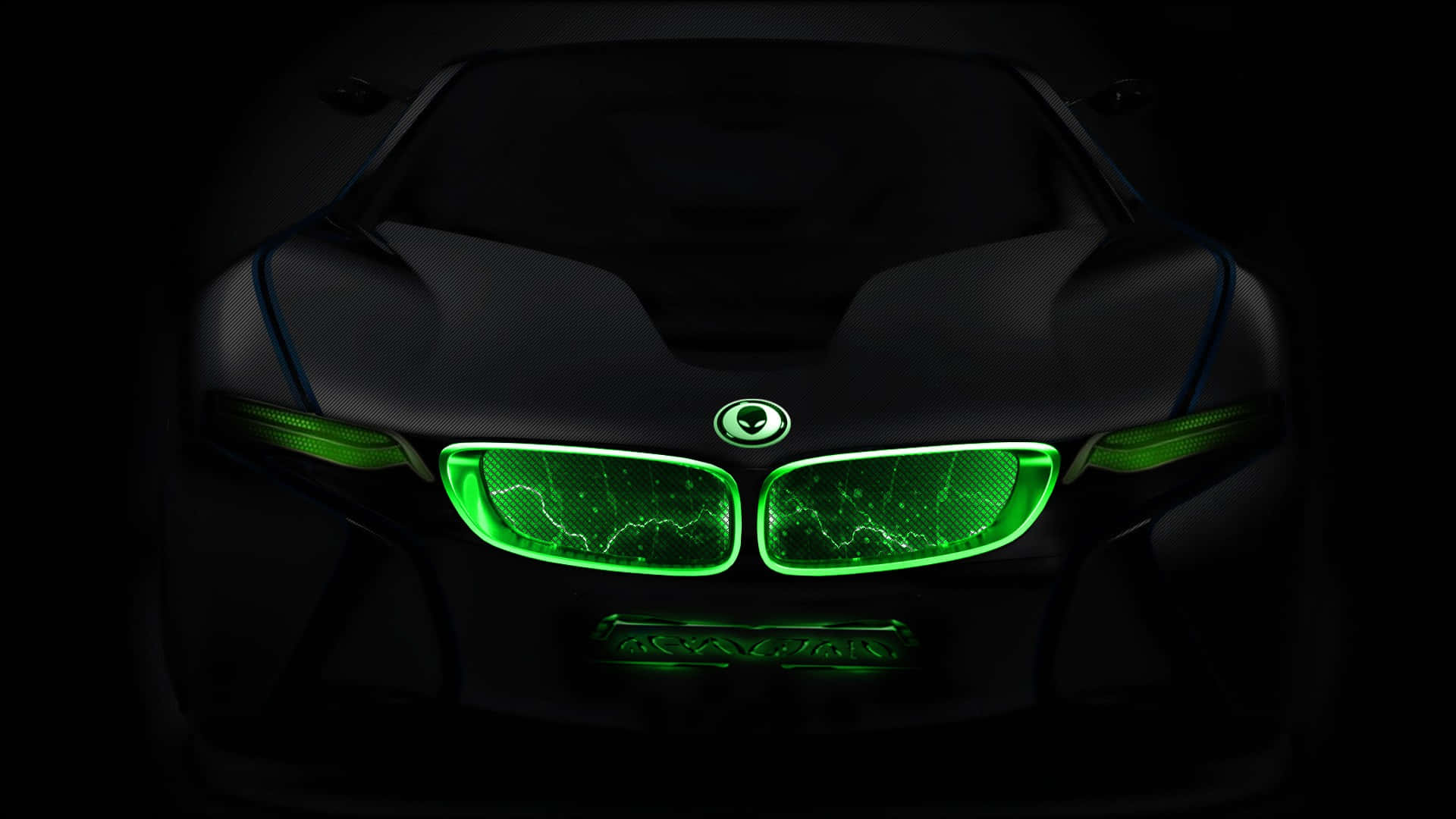 黑暗中帶有發光綠色車頭燈的未來感黑色汽車。 — Project Cars 壁紙