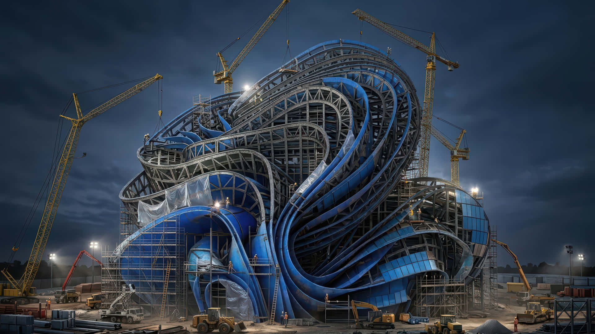 一座藍色螺旋建築在夜間施工，周圍有起重機和鷹架。 — 3D 壁紙