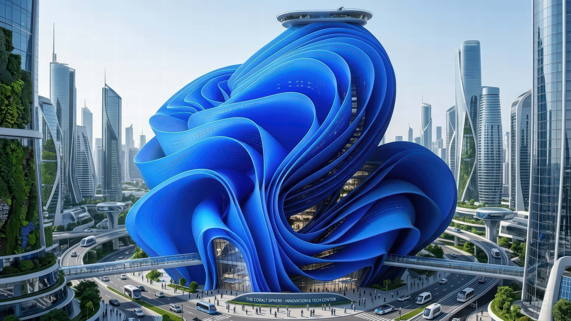 一座藍色波浪形未來主義建築，位於現代城市中，周圍有玻璃塔樓和高架道路。 — 3D 壁紙
