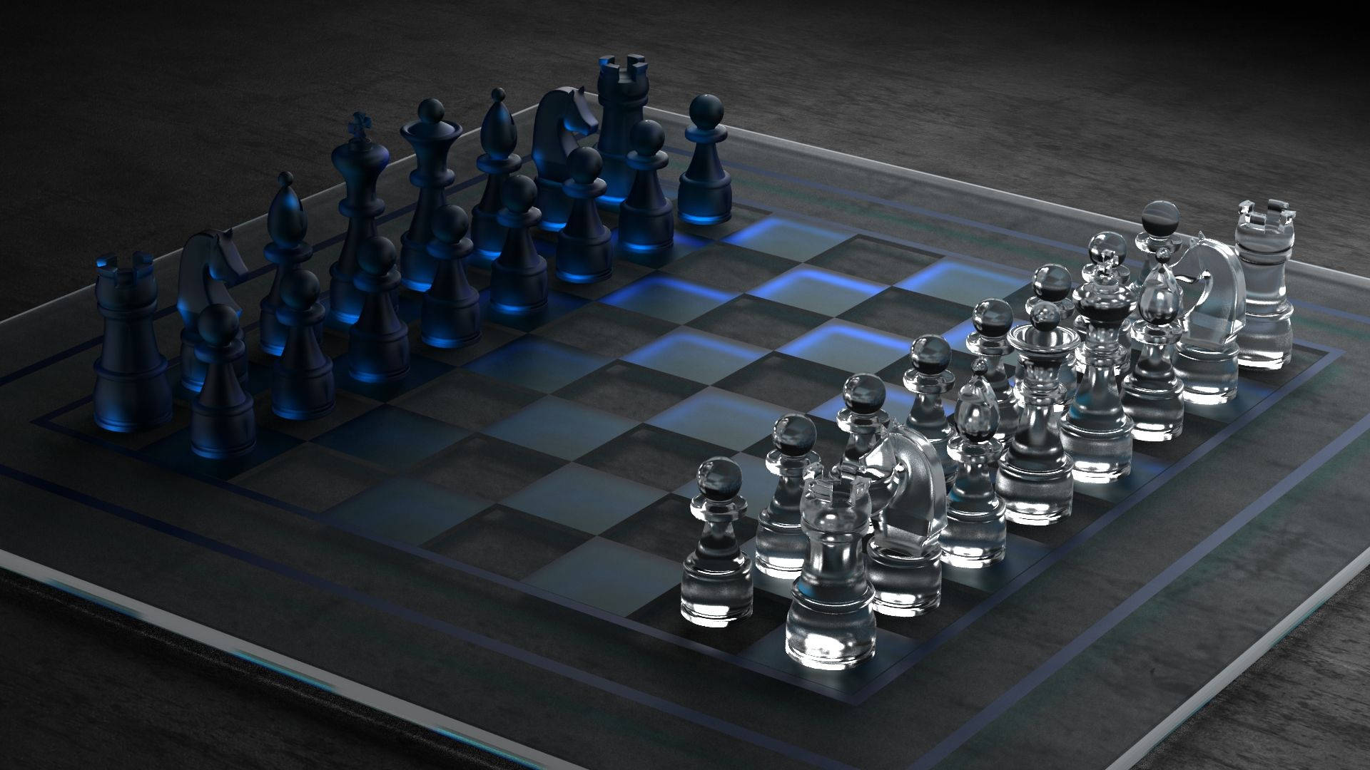 由玻璃和藍色半透明材料製成的未來風格國際象棋棋子，放置在發光的棋盤上。 — 3D 壁紙