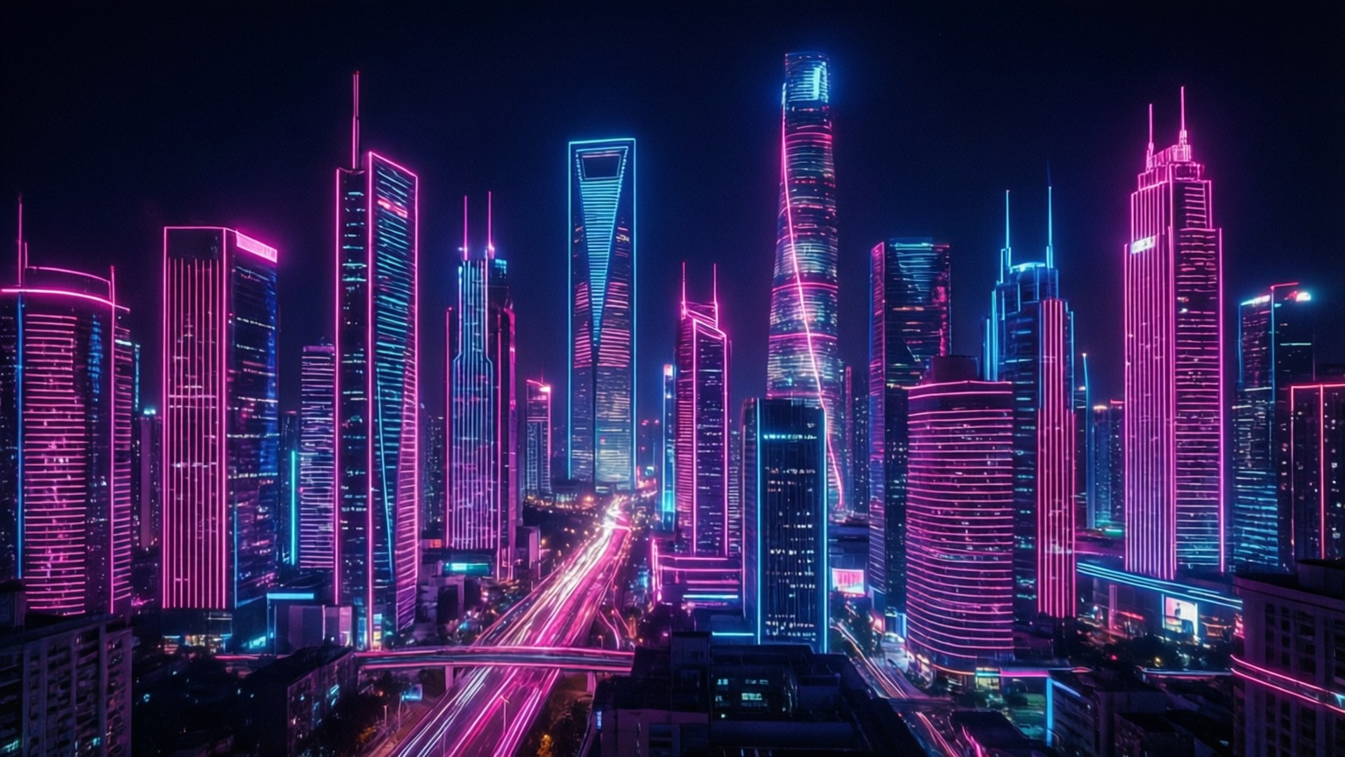 Canva 桌布 壁紙 — 夜晚的未來城市天際線，高聳的摩天大樓閃爍著鮮豔的粉紅色和藍色霓虹燈光。