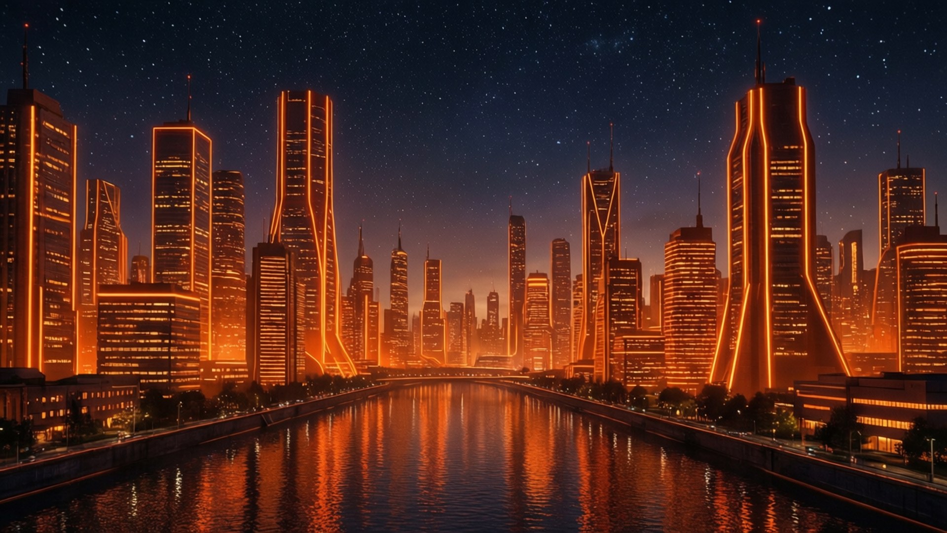 霓虹橘 桌布 壁紙 — 未來城市夜景，發光的橙色摩天大樓倒映在星空下平靜的河流中。