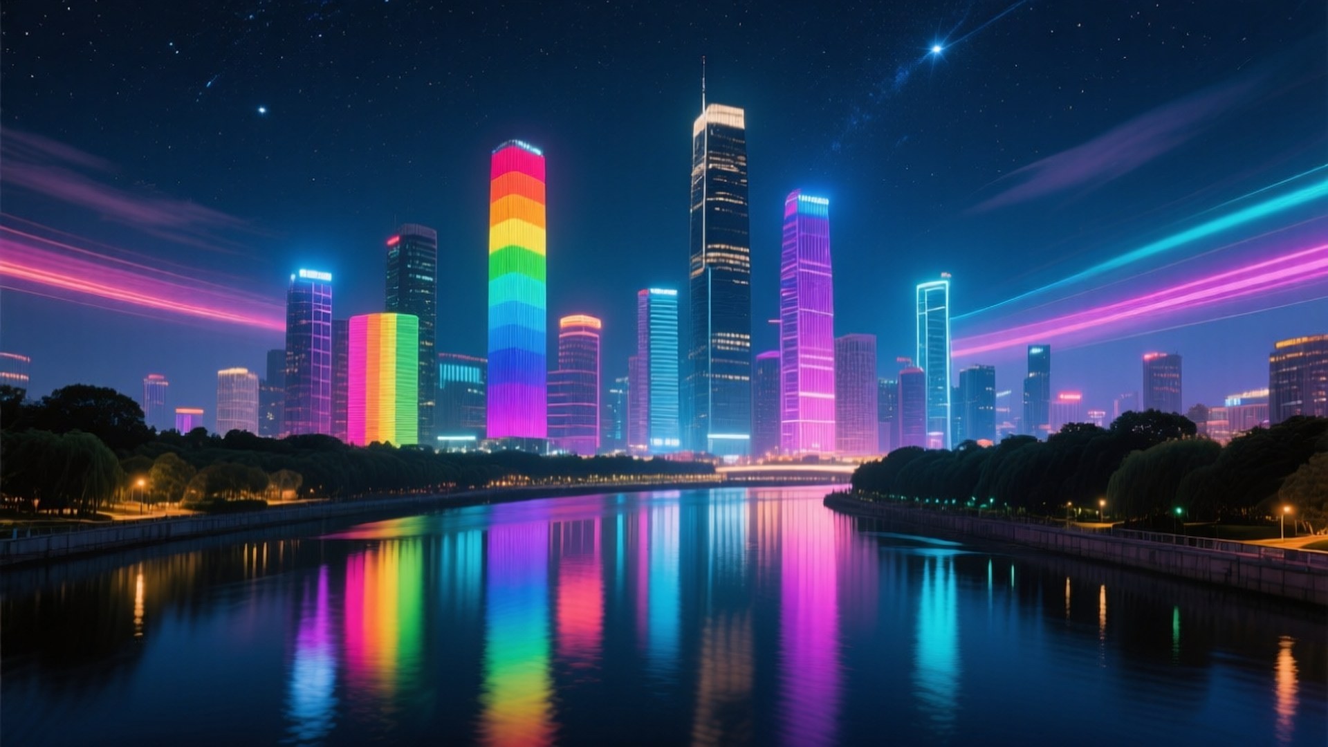 Rainbow City Night 壁紙 — 未來城市夜景，彩虹色摩天大樓在星空下平靜的河流中倒映。