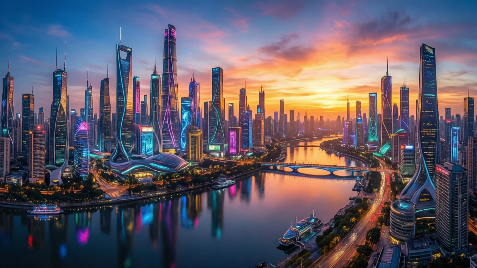 Neon Futuristic Cityscape 壁紙 — 未來主義城市天際線在日落時分，霓虹燈照亮的摩天大樓倒映在下面的河流中。