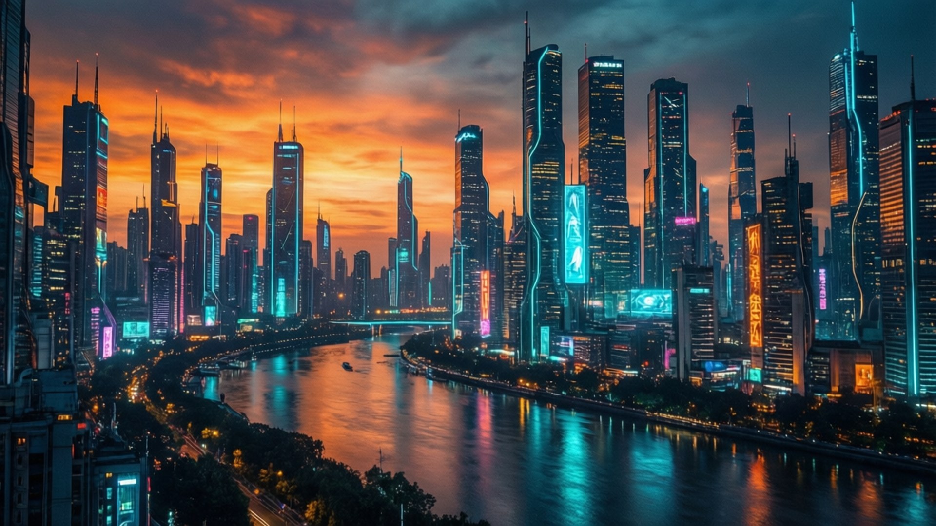 Neon City Dusk 壁紙 — 日落時分的未來城市天際線，霓虹燈照亮的高樓大廈倒映在下面的河流上。