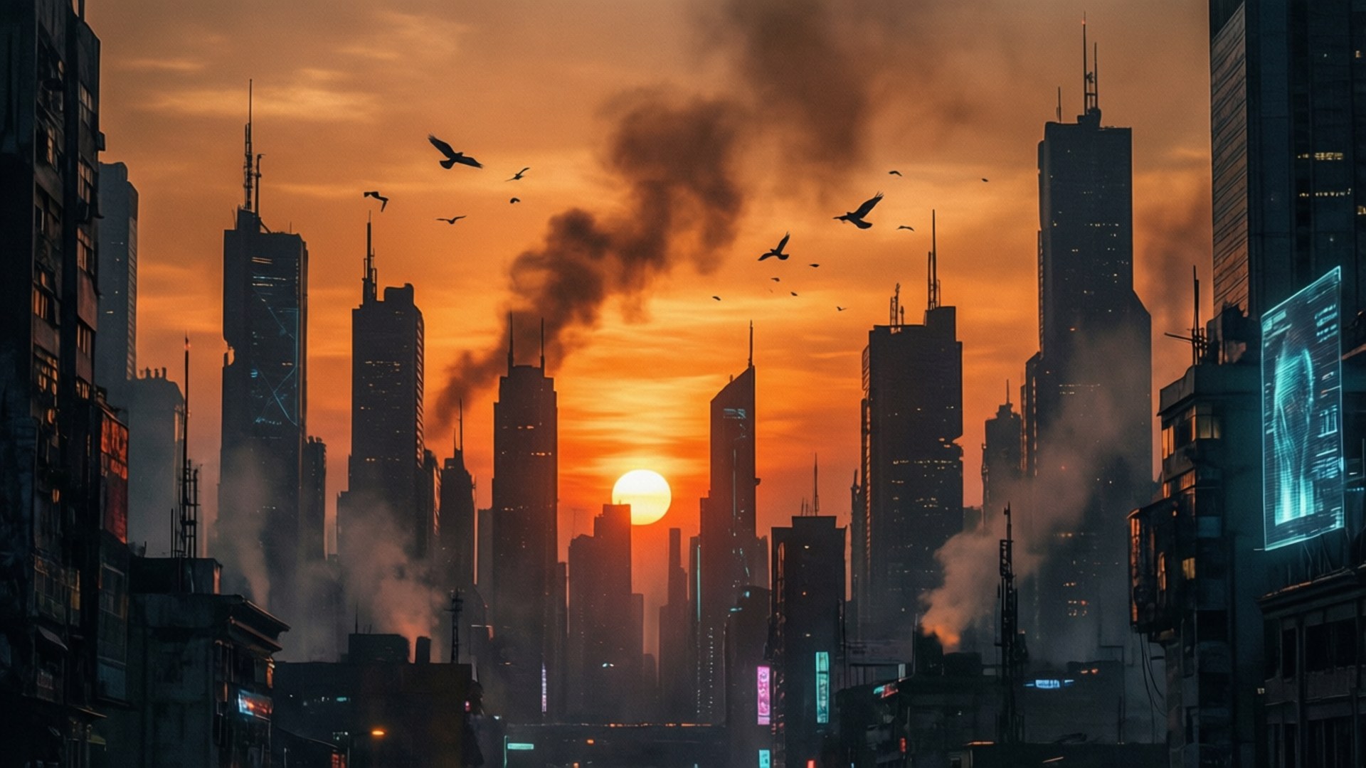 Dystopian Sunset 壁紙 — 未來城市天際線，日落時分，橙色天空，建築物冒煙，鳥兒在頭頂飛翔。