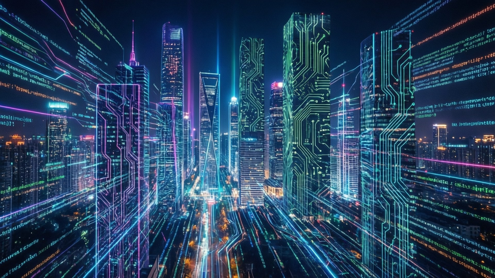 Code City 壁紙 — 未來主義的夜景城市景觀，摩天大樓閃爍著霓虹電路圖案和漂浮的數位代碼流。