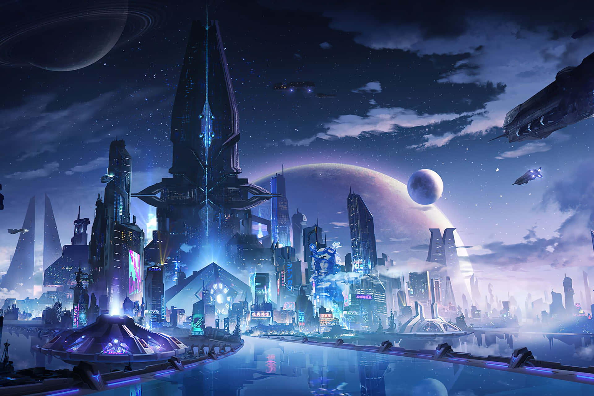  壁紙 — 未來城市夜景，發光的霓虹塔、漂浮的太空船和天空中巨大的行星。
