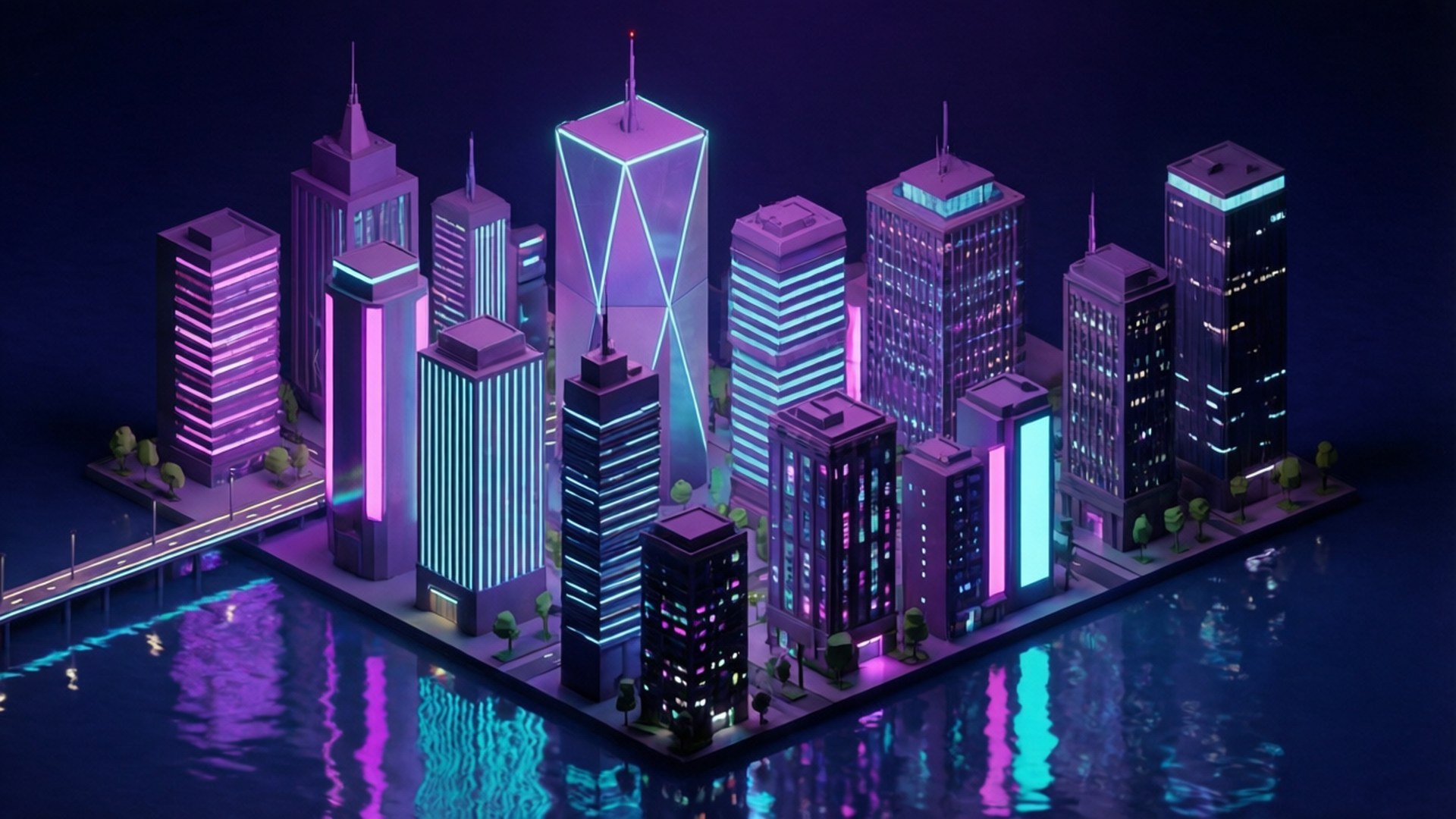 Neon City 壁紙 — 未來主義城市夜景，霓虹紫色和青色摩天大樓倒映在暗水中。