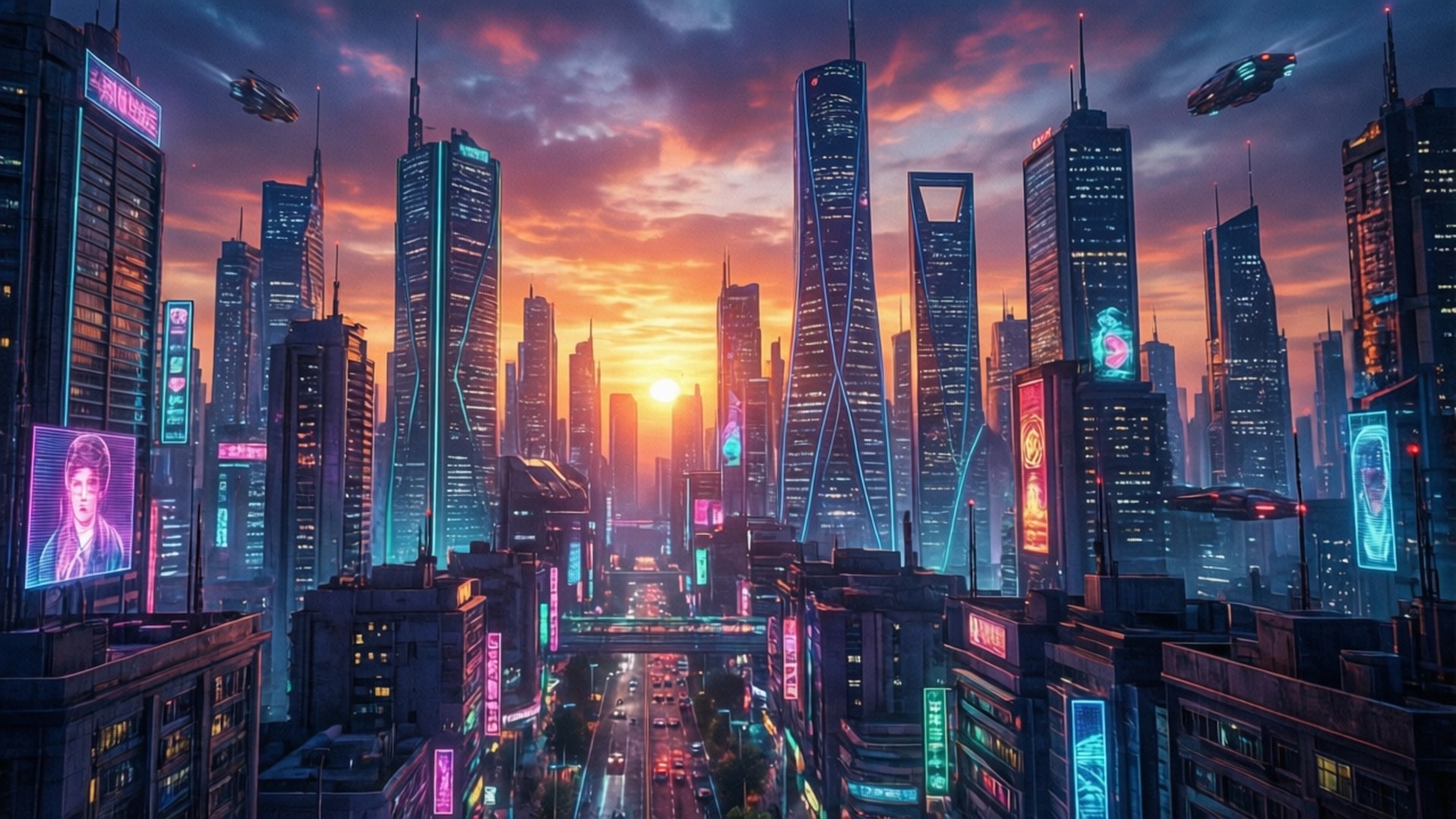 Neon City Dusk 壁紙 — 日落時分的未來城市景觀，高聳的摩天大樓閃爍著霓虹燈光，飛行車輛在充滿活力的橙色和紫色天空下穿梭。