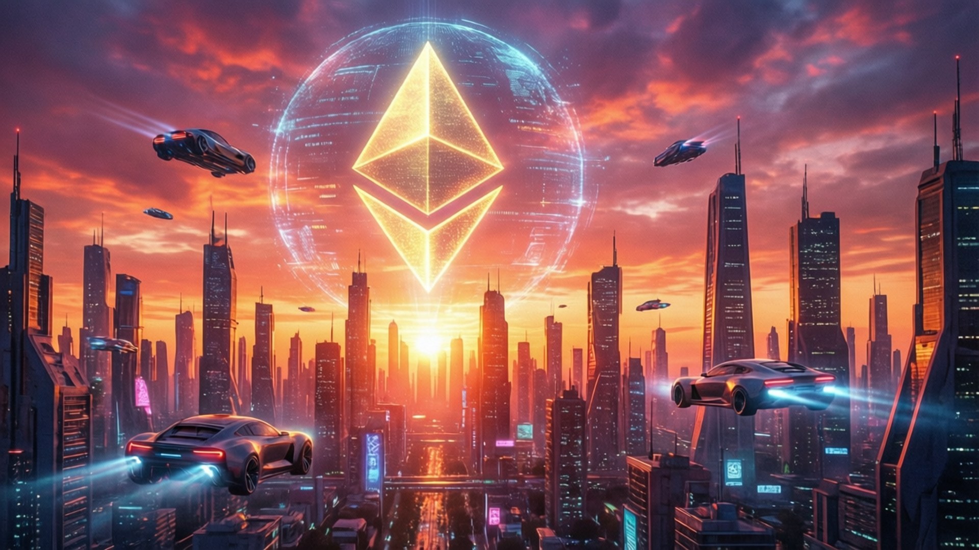Ethereum Hologram City 壁紙 — 日落時分的未來城市景觀，有飛天汽車和發光的以太坊標誌漂浮在摩天大樓之上。