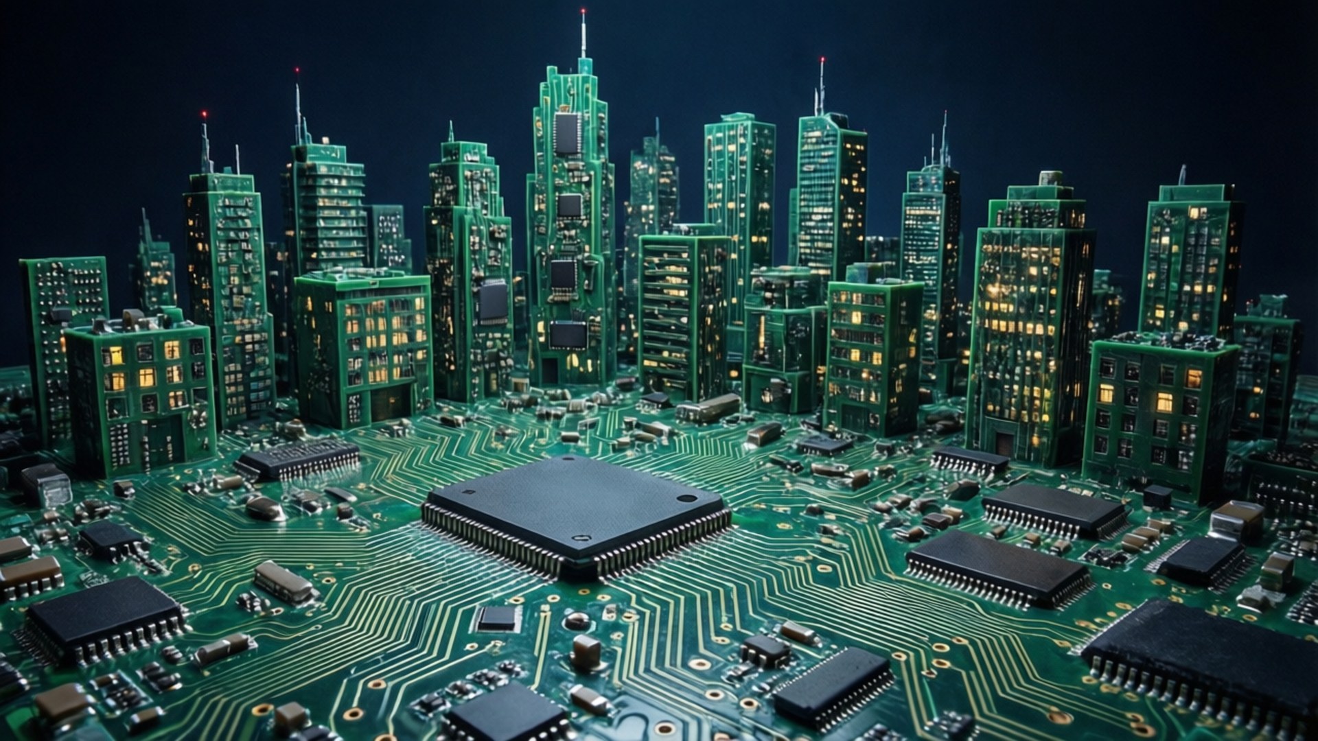 Circuit City 壁紙 — 在黑暗天空下，建在發光綠色電路板上的未來城市景觀，高聳的摩天大樓類似微晶片。